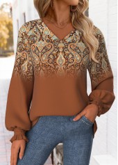 Dark Coffee tops,Tribal tops,ROTITA Curved Hem Tribal Print Dark Coffee V Neck Sweatshirt