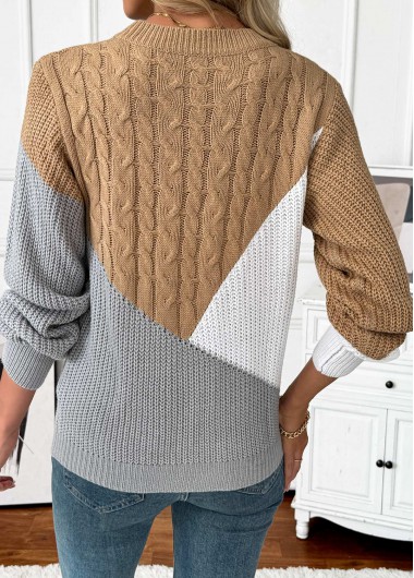 Dark Camel tops,Contrast Color tops,Tummy Coverage Dark Camel Round Neck Long Sleeve Sweater