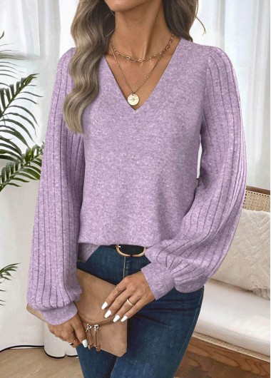 Light Purple tops,Plain Color tops,ROTITA Tummy Coverage Light Purple V Neck T Shirt