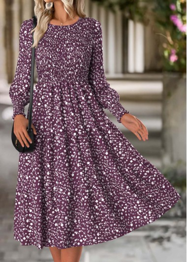 Purple dresses,Ditsy Floral dresses,Everyday dresses,Casual dresses,ROTITA Tummy Coverage Ditsy Floral Print Purple Round Neck Dress