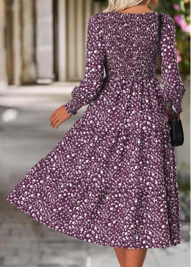 Purple dresses,Ditsy Floral dresses,Everyday dresses,Casual dresses,ROTITA Tummy Coverage Ditsy Floral Print Purple Round Neck Dress