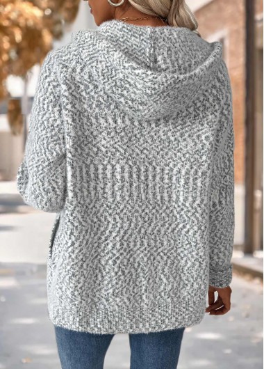 Grey tops,Geometric tops,Tummy Coverage Geometric Print Grey Hooded Long Sleeve Cardigan