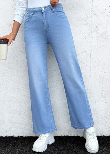 Denim Blue bottoms,Plain Color bottoms,Pocket Denim Blue Straight Leg Button Fly Jeans