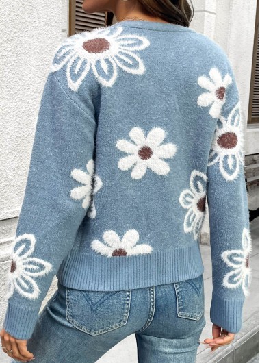 Dusty Blue tops,Floral tops,Plants tops,Tummy Coverage Floral Print Dusty Blue Long Sleeve Cardigan