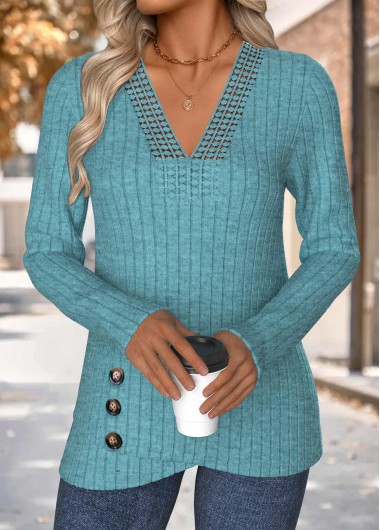 Mint Green tops,Plain Color tops,ROTITA Patchwork Multi Color V Neck Long Sleeve T Shirt