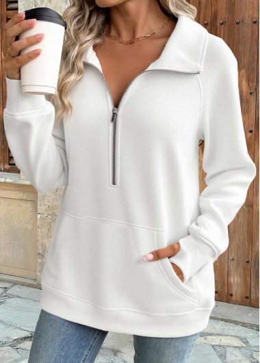 White tops,Plain Color tops,ROTITA Tummy Coverage White Turn Down Collar Long Sleeve Sweatshirt