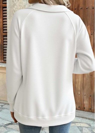 White tops,Plain Color tops,ROTITA Tummy Coverage White Turn Down Collar Long Sleeve Sweatshirt