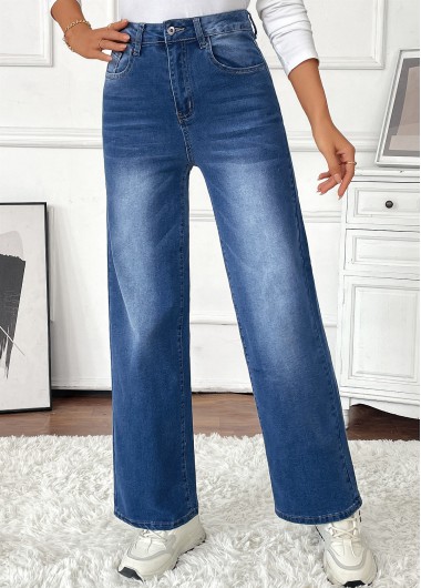Denim Blue bottoms,Plain Color bottoms,Pocket Denim Blue Wide Leg Button Fly Pants