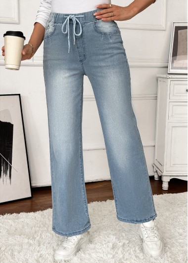 Denim Blue bottoms,Plain Color bottoms,Pocket Denim Blue Wide Leg Elastic Waist Jeans