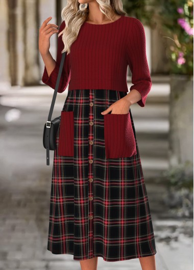 Wine Red dresses,Plaid dresses,Geometric dresses,Everyday dresses,Casual dresses,ROTITA Tummy Coverage Plaid Wine Red Round Neck Dress