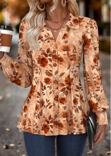 Multi Color tops,Floral tops,Plants tops,ROTITA Tummy Coverage Floral Print Multi Color Long Sleeve Shirt