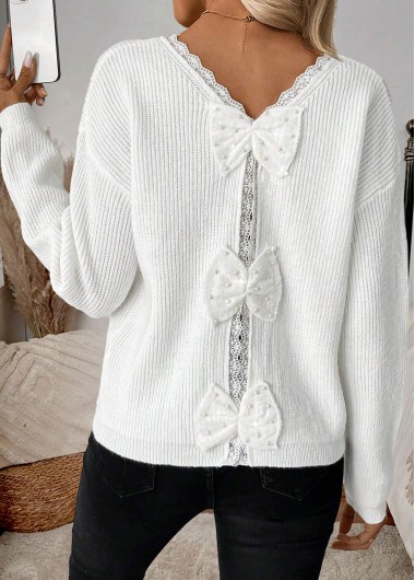 White tops,Plain Color tops,ROTITA Patchwork White V Neck Long Sleeve Sweater