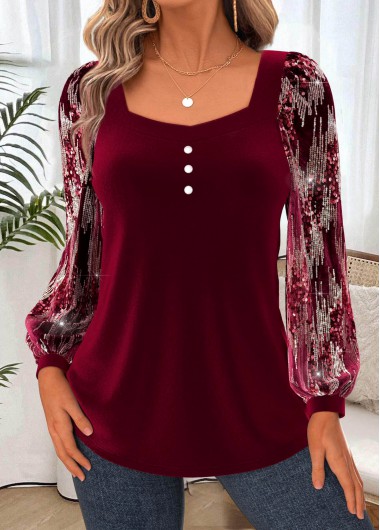 Wine Red tops,Plain Color tops,ROTITA Tummy Coverage Wine Red Heart Collar Long Sleeve Blouse