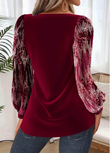 Wine Red tops,Plain Color tops,ROTITA Tummy Coverage Wine Red Heart Collar Long Sleeve Blouse