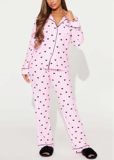 Pink loungewear,Heart loungewear,Heart Print Pink Long Sleeve Lounge Top and Pants