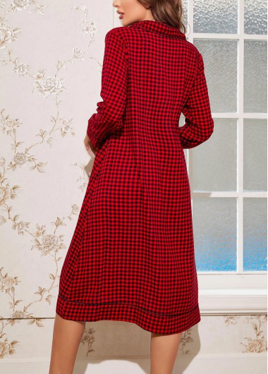 Red loungewear,Plaid loungewear,Geometric loungewear,Plaid Red Turn Down Collar Long Sleeve Nightdress