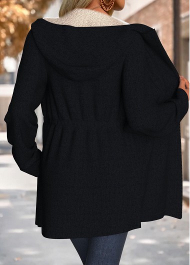 Black tops,Contrast Color tops,ROTITA Tummy Coverage Black Hooded Long Sleeve Coat