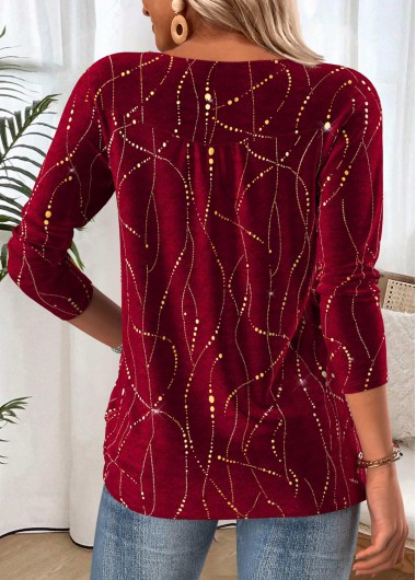 Wine Red tops,Geometric tops,ROTITA Tummy Coverage Geometric Print Wine Red T Shirt