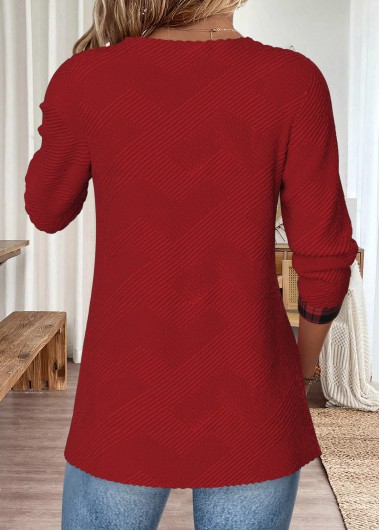 Wine Red tops,Plaid tops,Geometric tops,ROTITA Tummy Coverage Plaid Wine Red Round Neck Blouse