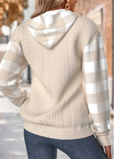 Light Camel tops,Plaid tops,Geometric tops,ROTITA Tummy Coverage Plaid Light Camel Long Sleeve Hoodie
