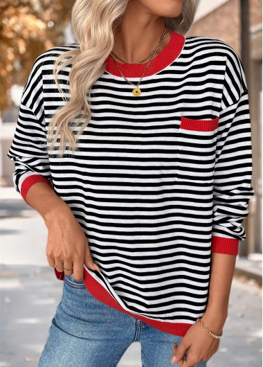 Black tops,Striped tops,Geometric tops,Patch Pocket Striped Black Round Neck Long Sleeve Sweater