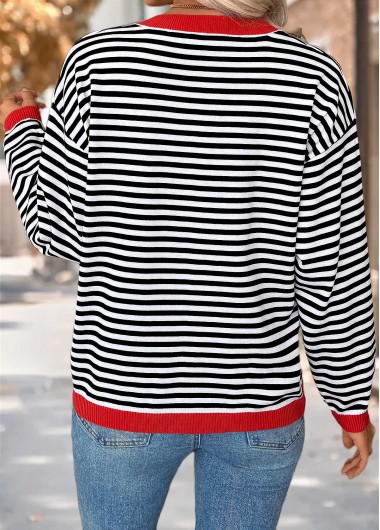 Black tops,Striped tops,Geometric tops,Patch Pocket Striped Black Round Neck Long Sleeve Sweater