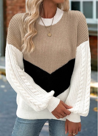 Light Camel tops,Contrast Color tops,Tummy Coverage Light Camel Round Neck Long Sleeve Sweater