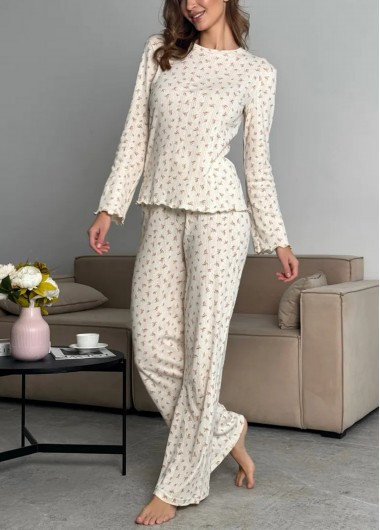 Beige loungewear,Ditsy Floral loungewear,Ditsy Floral Print Beige Lounge Top and Pants