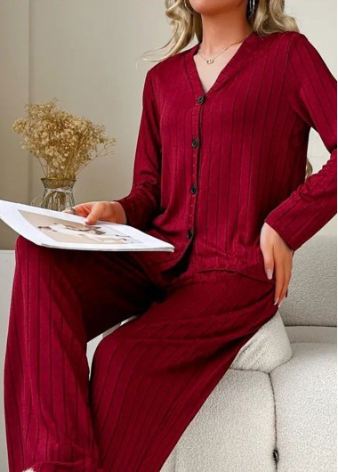 Wine Red loungewear,Plain Color loungewear,Wine Red V Neck Lounge Top and Pants