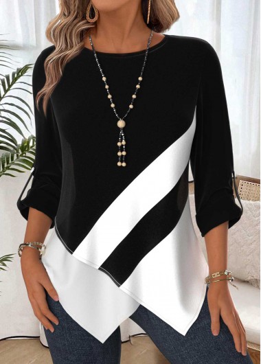 Black tops,Geometric tops,ROTITA Tummy Coverage Geometric Print Black Round Neck Blouse