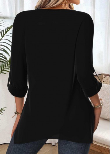 Black tops,Geometric tops,ROTITA Tummy Coverage Geometric Print Black Round Neck Blouse