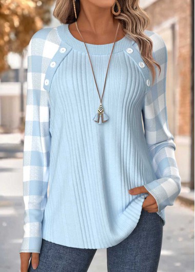 Light Blue tops,Plaid tops,Geometric tops,ROTITA Tummy Coverage Plaid Light Blue Round Neck T Shirt