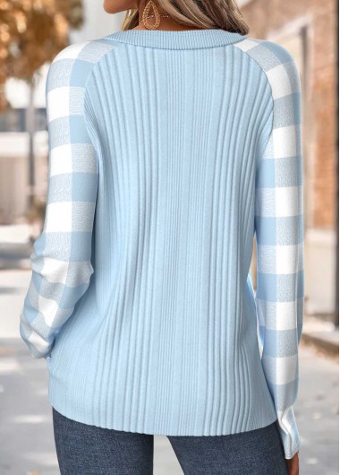 Light Blue tops,Plaid tops,Geometric tops,ROTITA Tummy Coverage Plaid Light Blue Round Neck T Shirt