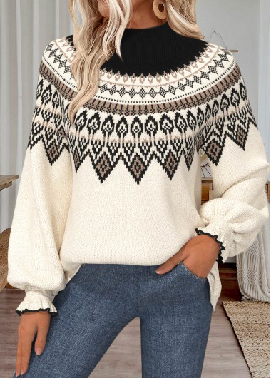 Beige tops,Tribal tops,ROTITA Curved Hem Fair Isle Print Beige Turtleneck Sweatshirt