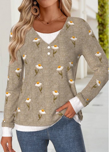 Dark Coffee tops,Floral tops,Plants tops,ROTITA Tummy Coverage Daisy Print Dark Coffee T Shirt