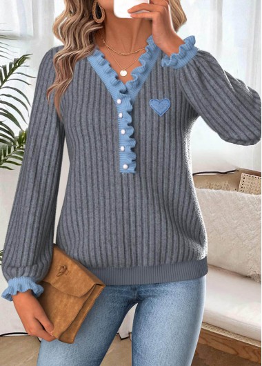 Dark Grey Marl tops,Contrast Color tops,ROTITA Frill Dark Grey Marl Long Sleeve T Shirt