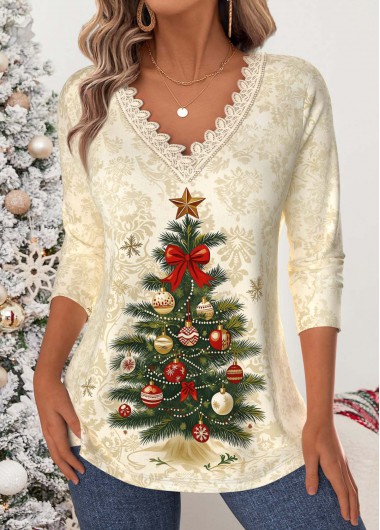 Beige tops,Christmas tops,ROTITA Christmas Tummy Coverage Beige V Neck T Shirt