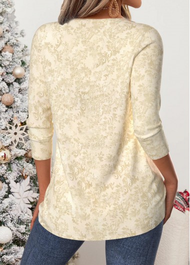 Beige tops,Christmas tops,ROTITA Christmas Tummy Coverage Beige V Neck T Shirt