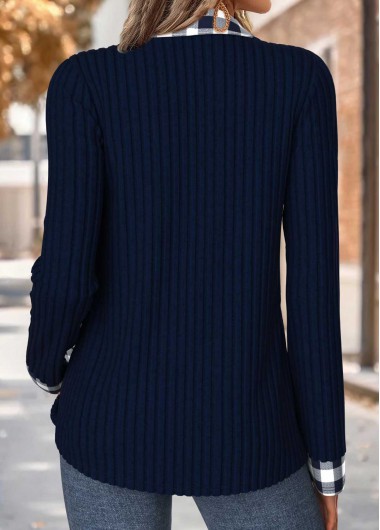 Navy tops,Plaid tops,Geometric tops,ROTITA Tummy Coverage Plaid Navy Fake Two Piece Twinset