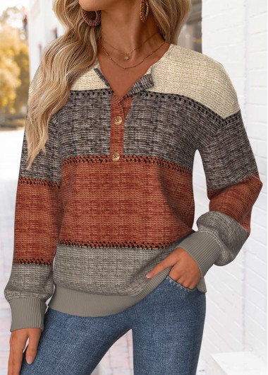 Multi Color tops,Striped tops,Geometric tops,ROTITA Tummy Coverage Striped Multi Color Split Neck Sweatshirt