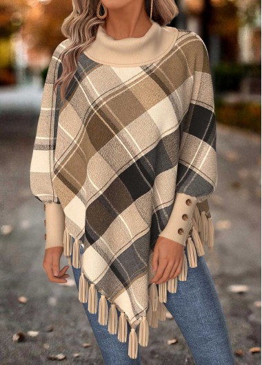 Light Camel tops,Plaid tops,Geometric tops,ROTITA Tummy Coverage Plaid Light Camel Long Sleeve Sweatshirt