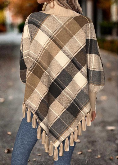 Light Camel tops,Plaid tops,Geometric tops,ROTITA Tummy Coverage Plaid Light Camel Long Sleeve Sweatshirt