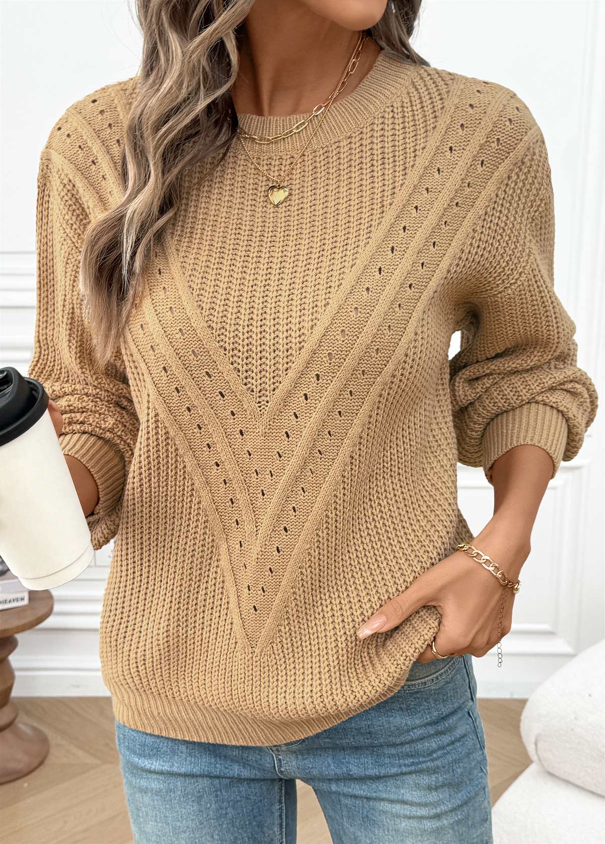 Light Camel tops,Plain Color tops,Tummy Coverage Light Camel Round Neck Long Sleeve Sweater