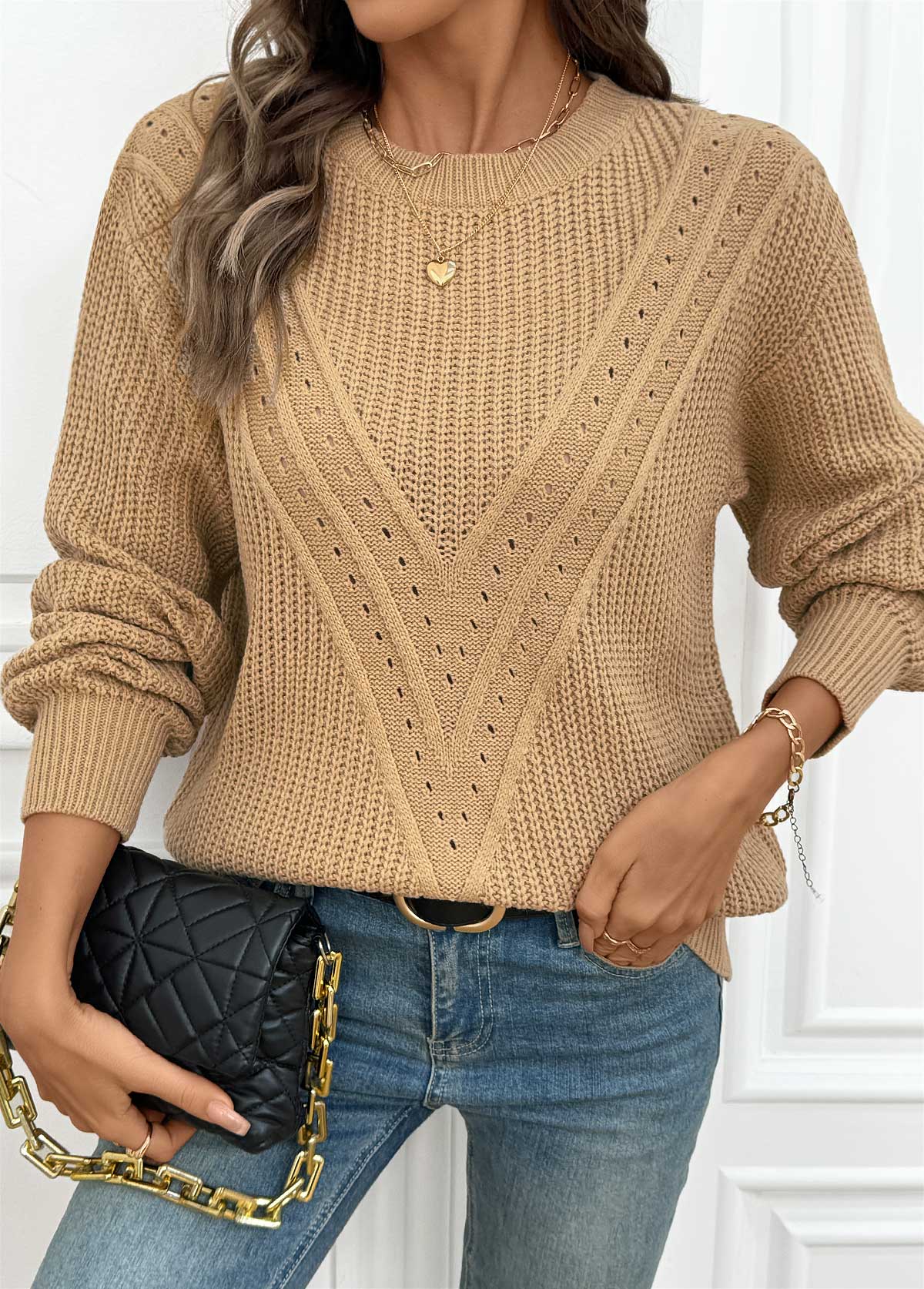 Light Camel tops,Plain Color tops,Tummy Coverage Light Camel Round Neck Long Sleeve Sweater