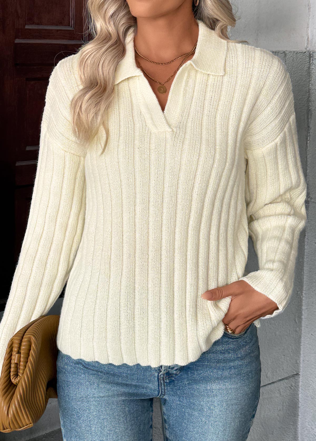 Beige tops,Plain Color tops,Beige Turn Down Collar Long Sleeve Sweater