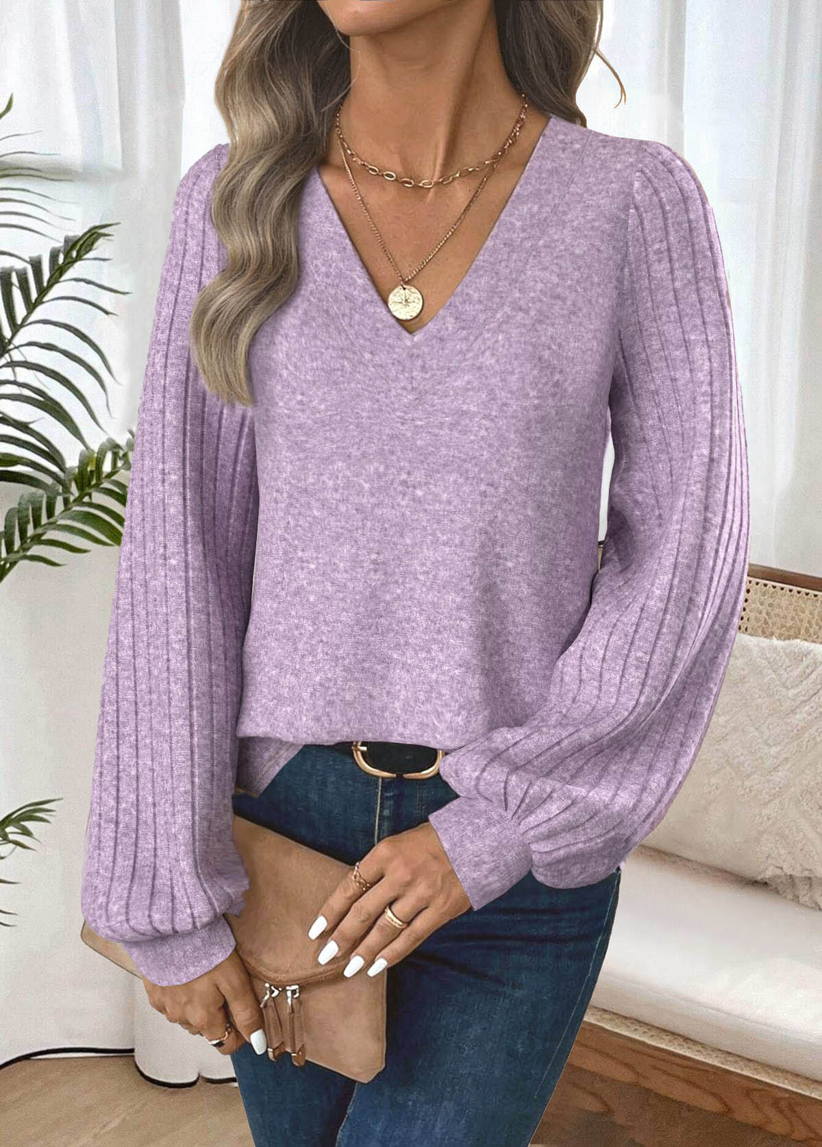 Light Purple tops,Plain Color tops,ROTITA Tummy Coverage Light Purple V Neck T Shirt
