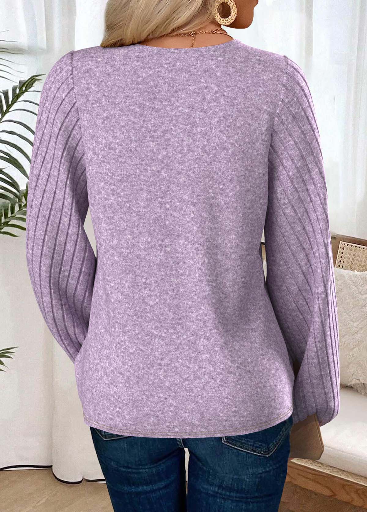 Light Purple tops,Plain Color tops,ROTITA Tummy Coverage Light Purple V Neck T Shirt