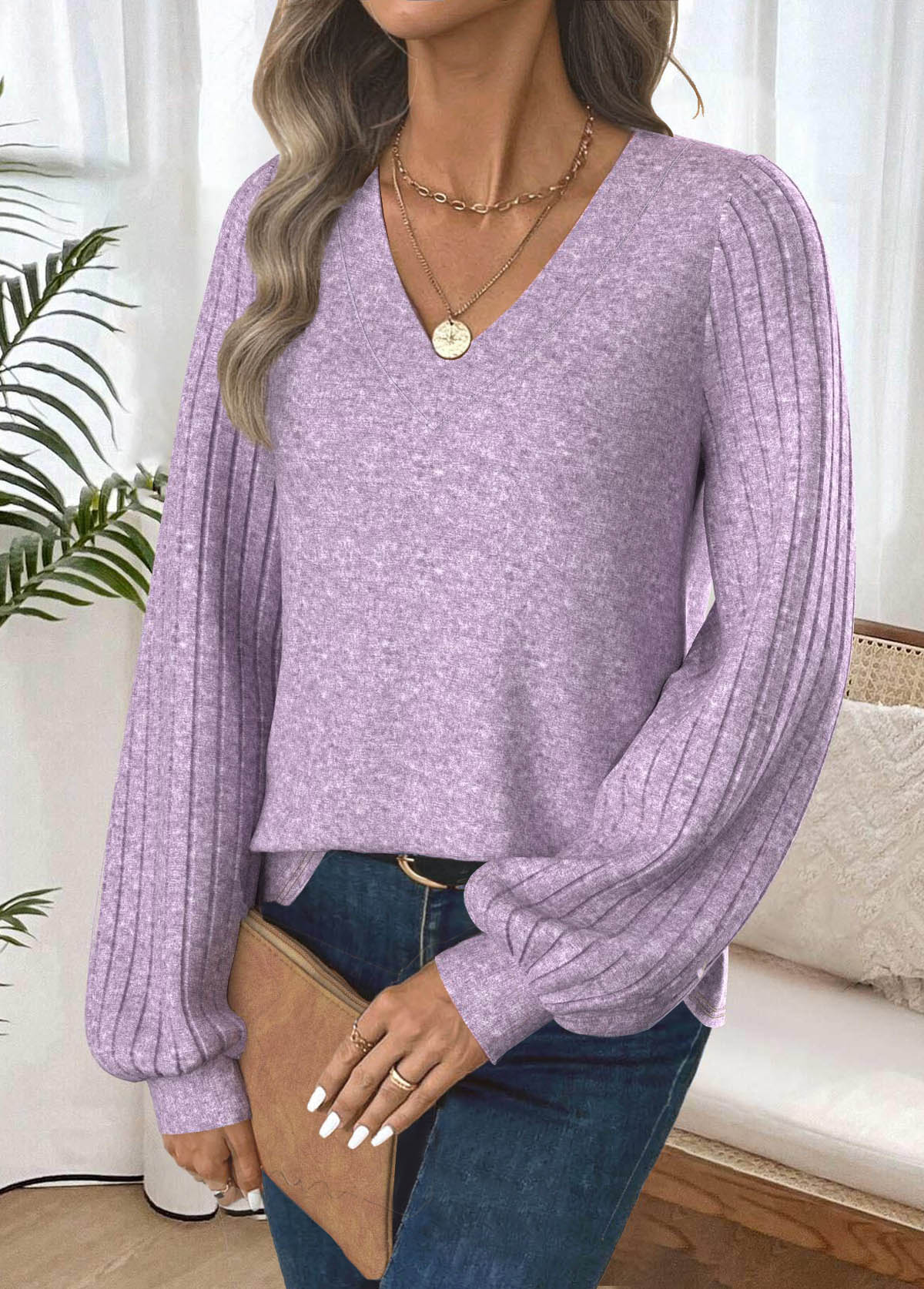 Light Purple tops,Plain Color tops,ROTITA Tummy Coverage Light Purple V Neck T Shirt