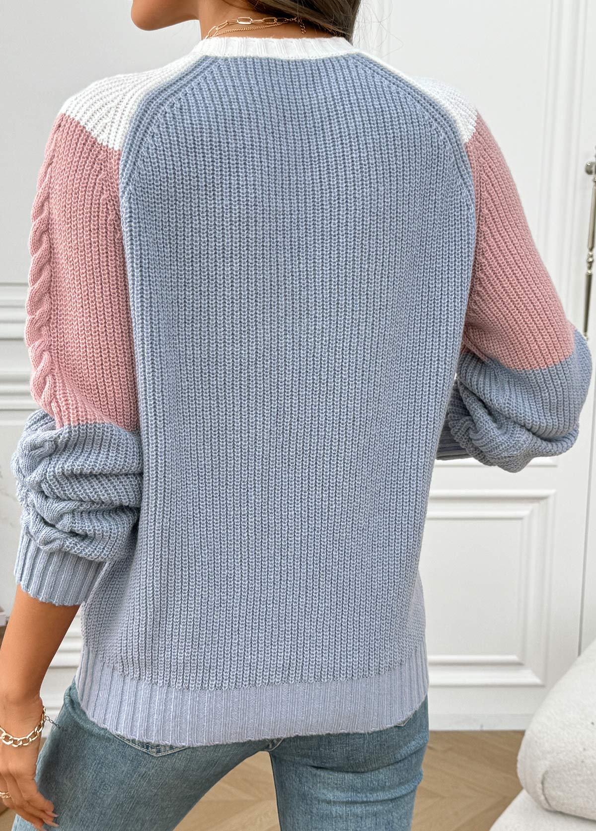 Pink tops,Contrast Color tops,Pink Round Neck Long Sleeve Sweater