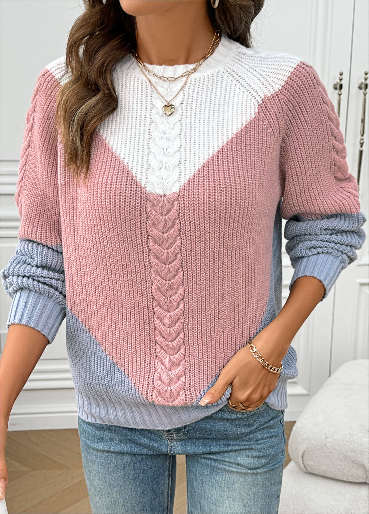 Pink tops,Contrast Color tops,Pink Round Neck Long Sleeve Sweater